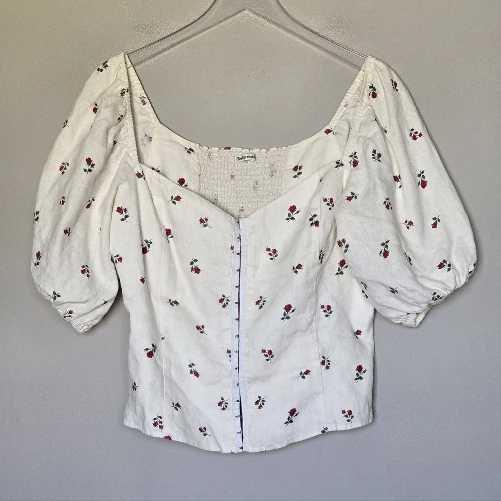 Reformation Romi White Floral Puff Sleeve Corset Linen Cottagecore Milkmaid Top
